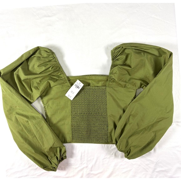 NWT Abercrombie Fitch Ruched Square Neck Puff Sleeve Crop Top S Green Peasant - Picture 8 of 8